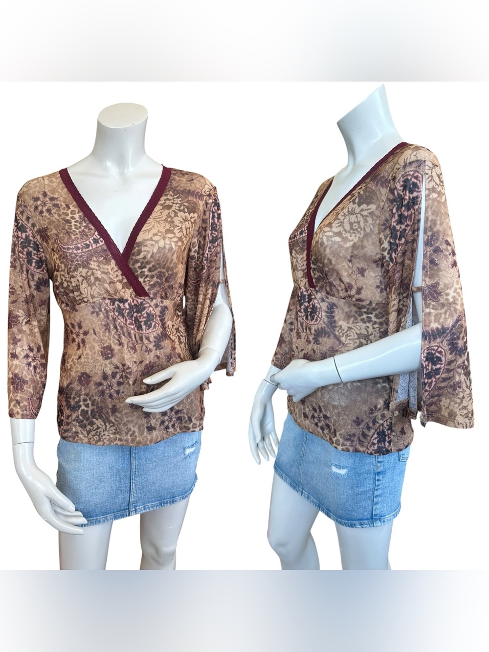 Y2K Wet Seal Fairy Grunge Boho Brown Red Cutout Sleeve Blouse Size Large JR